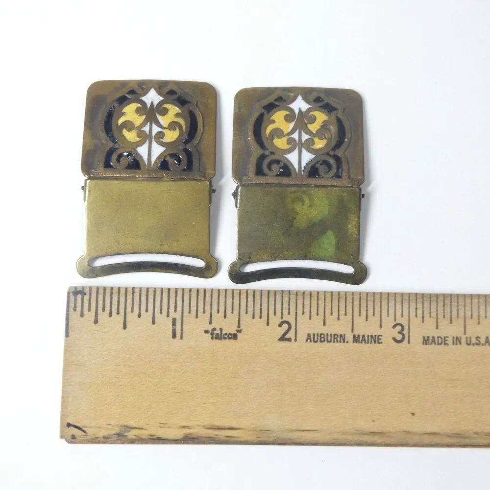 Enameled Brass Buckles Pair Black White Yellow Art Deco Vintage